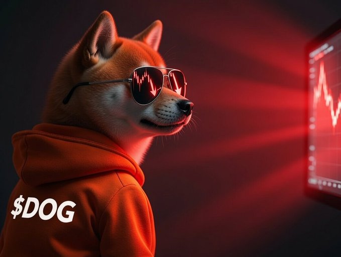 In the center of a digital image, an orange Shiba Inu dog with black ears and nose stands against a dark background, wearing sunglasses. The dog's body is positioned towards the right side of the frame, while its head is turned towards the left corner. Overlaying the scene are text that reads "Still accruing $DOG especially on the red days. Centralized exchanges are quietly stacking $DOG". The focus on the dog and its sunglasses adds a humorous touch to the image, capturing attention as it contrasts with the financial terms in the background.