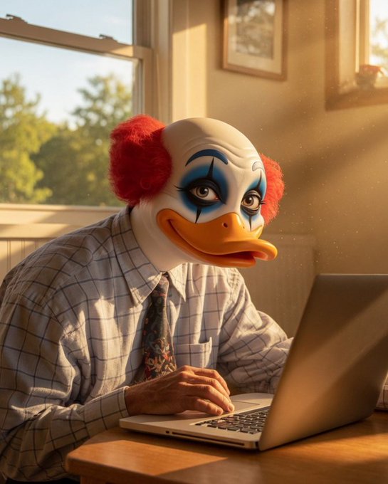 The image features a man wearing a clown mask sitting at a desk with his laptop open in front of him. The scene takes place near a window that allows natural light into the room, creating an atmosphere of focus and productivity. The photo captures the essence of the post by highlighting the importance of quality insights and meaningful participation over time rather than just simple engagement on social media platforms like Twitter or Instagram.