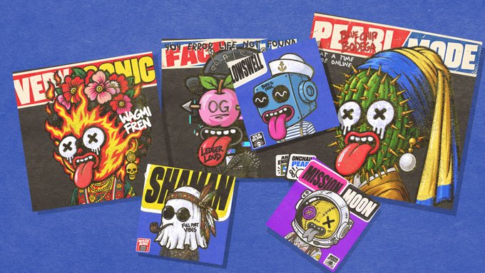 A collection of colorful stickers and posters featuring various cartoon-style characters and text like 'VERY GOOD', 'VERY BAD', 'WAGN! FREN', 'SPELL!!!', and 'MISSION MOON' arranged on a blue background.