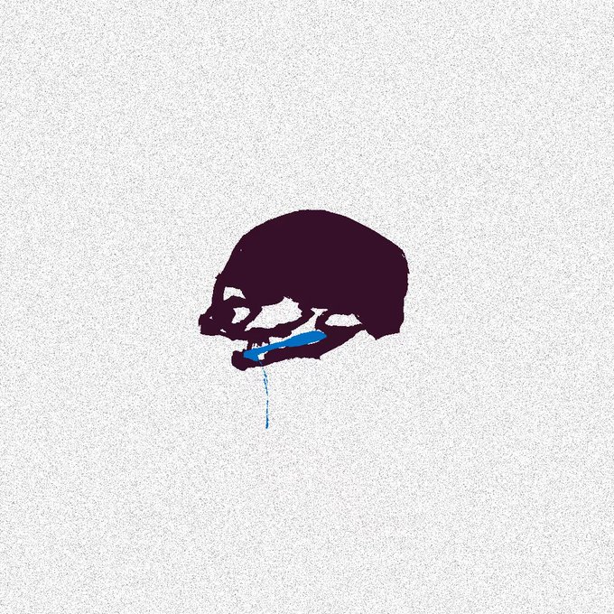 A minimalist stencil-style illustration on a textured white background depicts a dark maroon skull with blue paint dripping from its mouth.