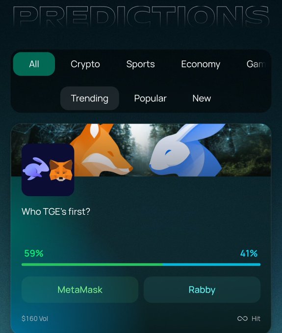 A screenshot of a crypto prediction app interface showing a market titled 'Who TGE's first?' between MetaMask (59%) and Rabby (41%).
