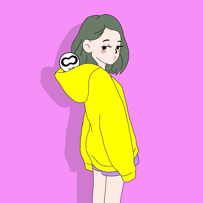 An anime-style illustration shows a girl with green hair in a yellow hoodie against a pink background, with the Optimum logo featuring an infinity symbol visible on her sleeve. The image serves as a stylized visual representation of Optimum's focus on smooth, continuous data communication layers in blockchain technology.
