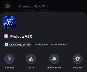 A Discord server profile page for 'Project: VEX' showing a blue 'Project: VEX' logo, with 71 members online and 324 total members, along with buttons for Boosts, Invite, Notifications, and Settings.