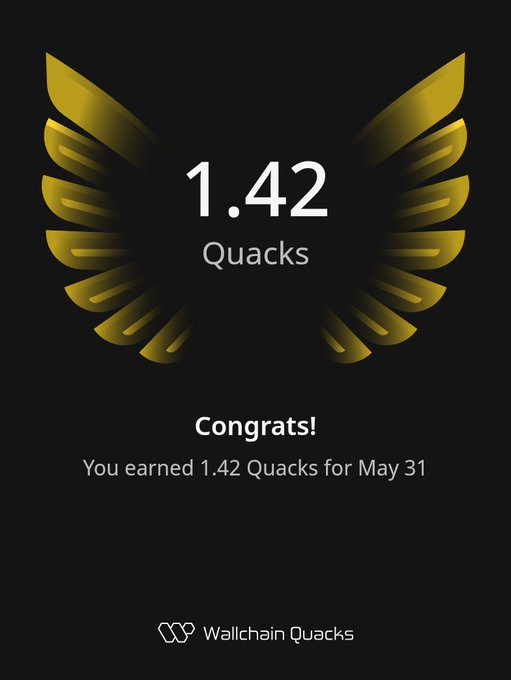 The image features a poster with an illustration of a bird's wing, which has the number 1.42 printed below it. The text "Congratulations! You earned 1.42 Quacks for May 31" is also present on the poster. This suggests that someone has achieved a certain number of Quacks in a day or completed a specific task related to Quacks.