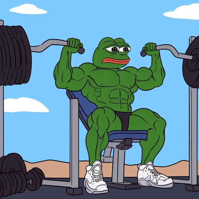 A cartoon illustration of a muscular Pepe the Frog lifting a barbell while seated on a workout bench, wearing white sneakers against a blue sky background.