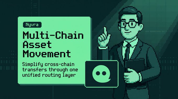 A pixel-art illustration features a suited man pointing upward next to a green panel labeled "Nyvra: Multi-Chain Asset Movement — Simplify cross-chain transfers through one unified routing layer," visually reinforcing the post's message of streamlined, unified cross-chain asset routing across multiple networks.