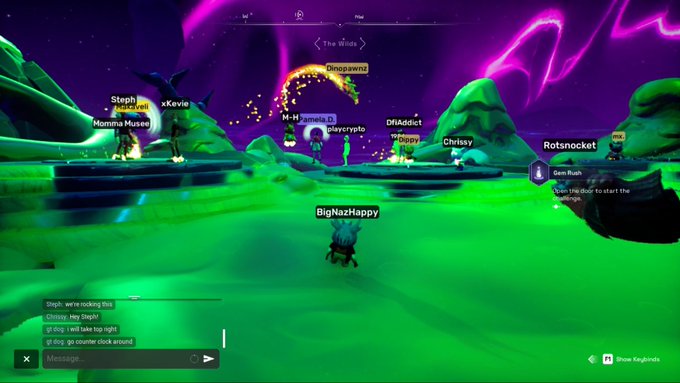 A screenshot of a multiplayer video game titled 'The Winds' with various player usernames like 'Steph', 'xKevie', and 'BigNazHappy' visible above their characters in a green and purple landscape.