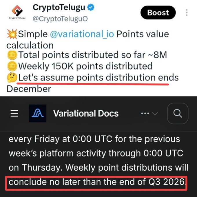 A Twitter post by @CryptoTeluguO showing a "Simple @variational_io Points value calculation" with assumptions that total points distributed are ~8M, weekly distributions are 150K, and points end in December, paired with a Variational Docs screenshot highlighting that "Weekly point distributions will conclude no later than the end of Q3 2026" — the caption corrects the earlier December assumption, noting the official end date is actually Q3 2026.