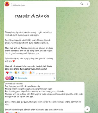A Vietnamese Facebook post titled 'TAM BIỆT VÀ CẢM ƠN' (Goodbye and Thank You) from an 8.993 subscriber page, appearing to be an announcement about someone's departure.