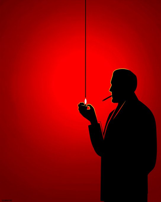 A minimalist silhouette illustration of a man in a suit smoking, lighting his cigarette with a flame hanging from a string against a deep red background.
