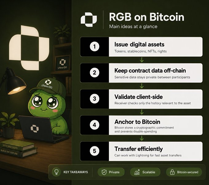 An infographic titled 'RGB on Bitcoin - Main ideas at a glance' featuring a green Pepe-like character at a laptop, outlining five steps: Issue digital assets, Keep contract data off-chain, Validate client-side, Anchor to Bitcoin, and Transfer efficiently.