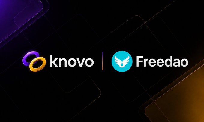 Partnership banner featuring the Knovo and Freedao logos side by side on a dark gradient background, announcing their collaboration in AI-powered onchain intelligence for Web3 trading insights.