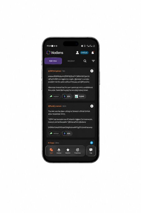A mockup of the 'Nodiens' mobile app on an iPhone showing a dark-themed social feed with tabs for FOR YOU and RECENT, displaying posts about @ANTZcrypto's $AN and @Mycel_memes with voting options for Bullish/SOL and PUMP tokens.