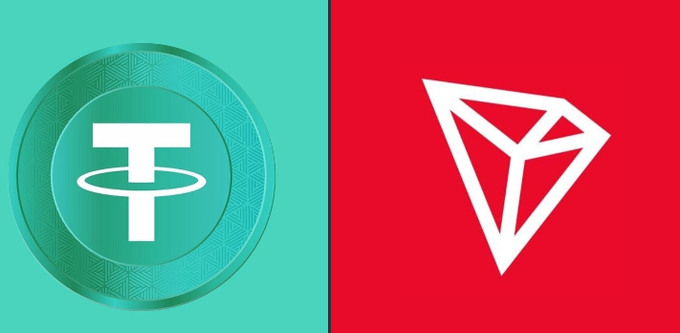 The image displays the Tether (USDT) logo on a teal background alongside the TRON logo on a red background, visually representing the two crypto entities mentioned in the post about Tether freezing $39 million USDT on the TRON network linked to a Telegram Escrow ring.