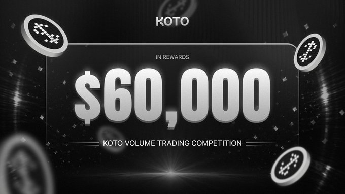A promotional banner for KOTO displaying "$60,000 IN REWARDS" for the "KOTO VOLUME TRADING COMPETITION" with a KOTO logo and coin imagery.