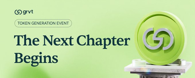 A promotional banner with green background displaying 'grvt TOKEN GENERATION EVENT' and 'The Next Chapter Begins' text alongside a 3D green logo.