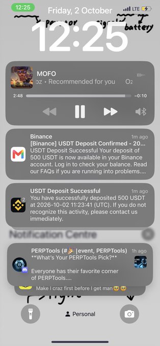 An iPhone Lock Screen at 12:25 showing a music widget for 'MOFO' and notifications including Binance USDT deposit confirmations and a PERPTools message.