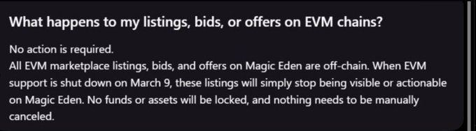 A dark screen displays text addressing EVM marketplace users: 'What happens to my listings, bids, or offers on EVM chains? No action is required...'