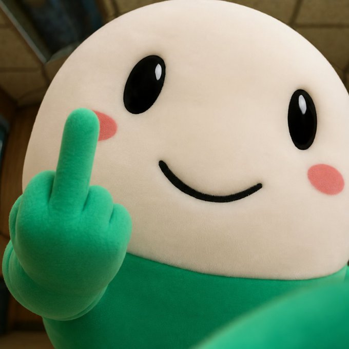 The image shows the Pump.fun mascot, a cute cream-colored egg-shaped character with rosy cheeks, large black eyes, and a green hand pointing upward in a confident gesture. The image relates to the post by visually representing the Pump.fun mascot being hyped as the next big crypto pump, with the pointing finger suggesting "to the moon" upward momentum, drawing a parallel to the meme coin "ansem" reaching a 400m market cap.