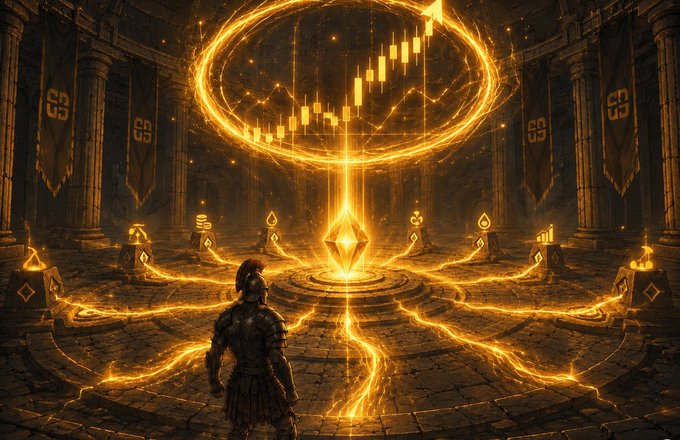 A fantasy digital illustration of a warrior standing before a glowing golden orb containing a stock chart, set in a dark, rune-adorned chamber.