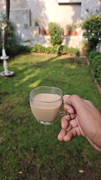 First-person view of a hand holding a glass of tea or coffee in a grassy garden setting with potted plants.