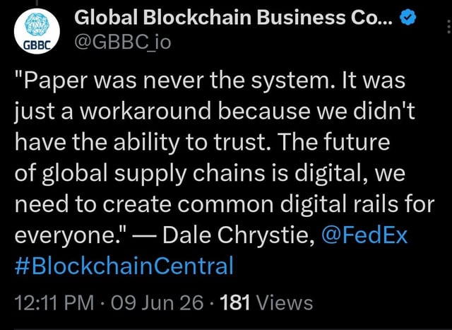The image features a black background with white text that reads "Global Blockchain Business Co." The text also includes a Twitter handle for the company, which is "@GBBCIO". Below this, there's a quote from Dale Chrystie, an expert in blockchain technology and cryptocurrency, who says, "Paper was never the system. It was just a workaround because we didn't have the ability to trust. The future. We need to create common digital rails for everyone." This quote is related to the post about Global Blockchain Business Co., as it highlights the importance of trust in the blockchain technology and its potential impact on global supply chains.