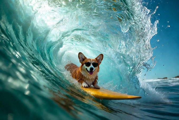 A digitally rendered corgi wearing sunglasses while surfing on a yellow surfboard inside a curling ocean wave.