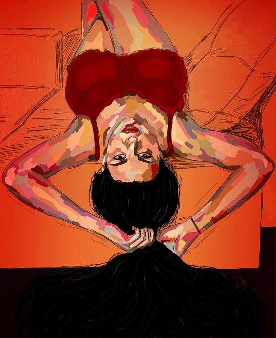 An illustration of a woman in a red top and black skirt lying upside down against an orange background with her hands clasped behind her head.