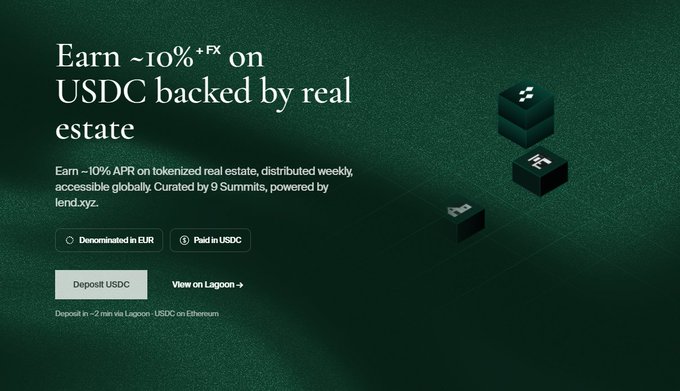 The image is a promotional graphic for Flint RWA, advertising an opportunity to "Earn ~10% +FX on USDC backed by real estate," with details noting approximately 10% APR on tokenized real estate denominated in EUR and paid in USDC, curated by 9 Summits and powered by lend.xyz.

This visually reinforces the post's point about bridging on-chain USDC liquidity with euro-denominated real estate bonds to generate a 10% gross APR, directly showcasing Flint RWA's platform and its key yield figure.