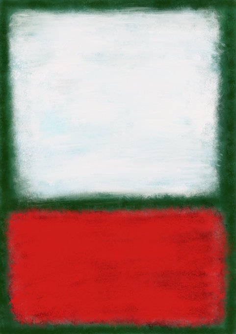 An abstract color field painting resembling a Rothko-style composition, featuring a large pale white/light blue rectangular block on top and a vibrant red rectangular block below, all surrounded by a dark green border with soft, blurred edges.