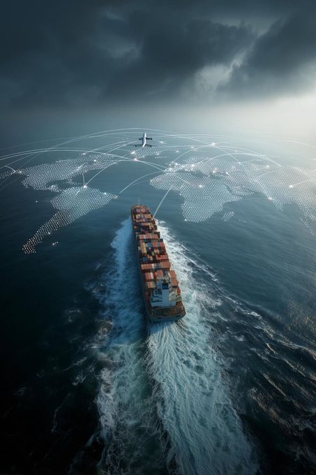 An aerial view of a large cargo container ship sailing through ocean waters under dark stormy skies, with a glowing digital world map and network connections overlaid in the background, and an airplane flying overhead