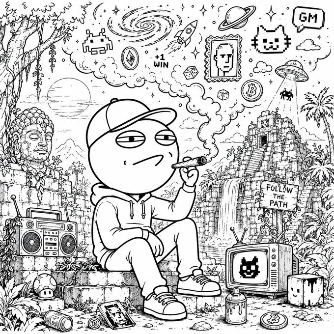 A black and white line art illustration of a cartoon character wearing a cap smoking a cigar, surrounded by crypto and gaming imagery including 'GM', 'Space Invader', 'Bitcoin', and '+1 WIN'.
