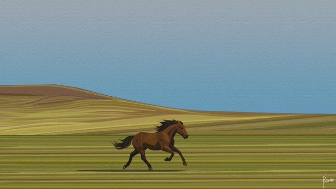 A digital illustration depicting a brown horse galloping across a grassy plain with rolling yellow hills in the background under a clear blue sky, signed by artist 'Batt' in the corner.