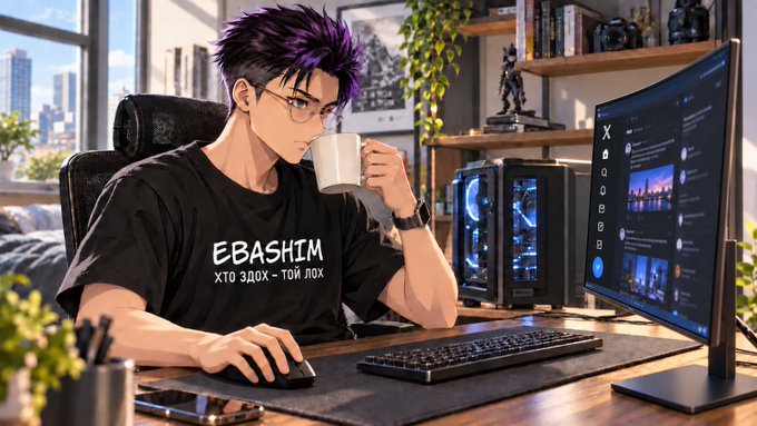 An anime-style illustration of a young man with purple hair and glasses drinking coffee while working at a gaming/computer setup with multiple monitors and RGB lighting.