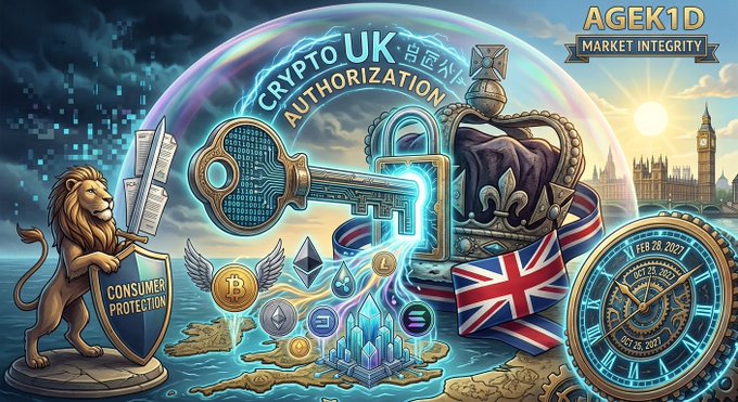 A digital artwork titled 'AGEK1D MARKET INTEGRITY' featuring themes of UK crypto authorization, including a lion statue, a large key, Bitcoin and Ethereum logos, a British flag, Big Ben, and a compass against a sky background.