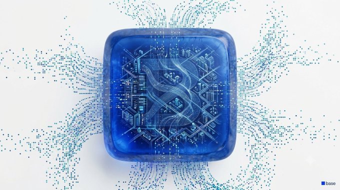 The image displays the blue, cube-shaped Base logo surrounded by circuitry and digital particles radiating outward, visually symbolizing the blockchain network's expansive reach. A "base" label appears in the bottom-right corner, reinforcing the brand identity as the post emphasizes Base's ambitions for onchain trading, stablecoin payments, and AI agent infrastructure.