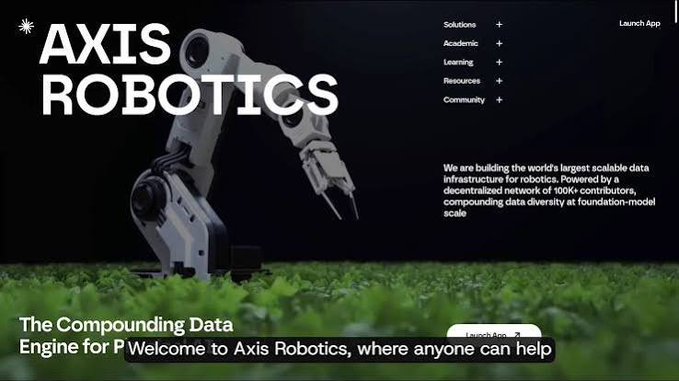 A website screenshot for 'AXIS ROBOTICS' showing a robotic arm in green foliage, with text about building scalable data infrastructure for robotics and a navigation menu.