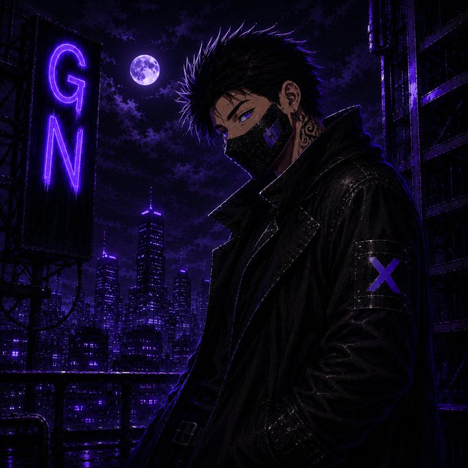 Stylized anime artwork of a masked male character with spiky hair in a black leather jacket standing before a purple-lit city skyline under a full moon, beside a glowing neon 'GN' sign.