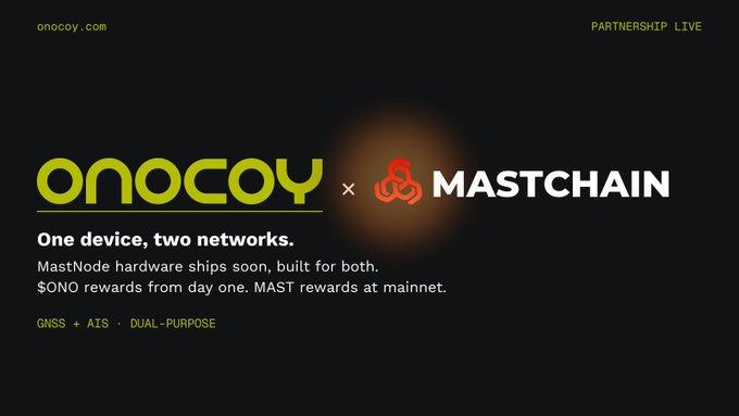 The image features a black background with the text displayed in white colors. The main information is about an event where the company Onocoy will announce their partnership with Mastchain, with details about two device networks they will develop together. These networks will provide dual purposes - one for capturing maritime AIS data and another for feeding GNSS reference data into Onocoy. To achieve this, they will use one device to do both tasks at once. This collaboration offers financial benefits through a reward system where users can receive $1.00 per day from the primary network and $0.50 per day from the secondary network as they participate in this collaboration. The text also includes the names of the partners, Onocoy and Mastchain.