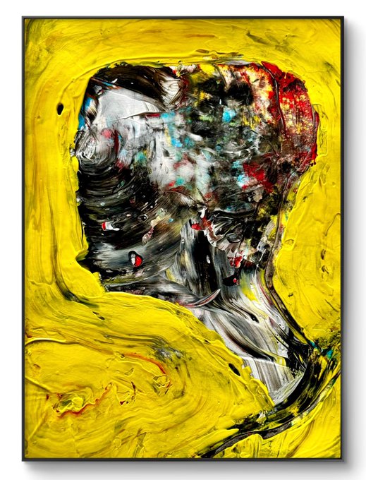 An expressive abstract expressionist painting features thick, swirling brushstrokes forming a profile silhouette in grays, whites, blacks, and touches of red and teal, set against a vivid, heavily textured bright yellow background.