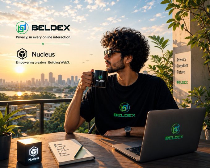 A promotional image features a man holding a 'BELDEX' mug with logos for Beldex ("Privacy, in every online interaction.") and Nucleus ("Empowering creators. Building Web3."), with a banner reading 'Privacy Freedom Future'.