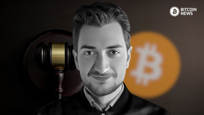 A stylized illustration shows a young man with dark hair beside a judge's gavel, with a glowing orange Bitcoin symbol and the "Bitcoin News" logo in the background. The image represents Roman Sterlingov, the Bitcoin Fog founder whose conviction on appeal is being cited as precedent in the ongoing legal case against Tornado Cash co-founder Roman Storm in New York.