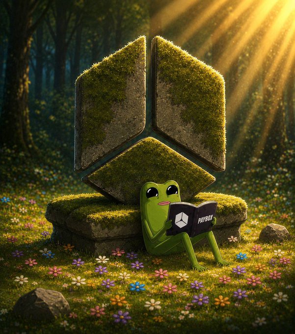 A whimsical illustration depicts a small green frog-like creature reading a book with 'PAY3DT' on the cover, sitting in front of a moss-covered stone monument in a flower-filled forest.