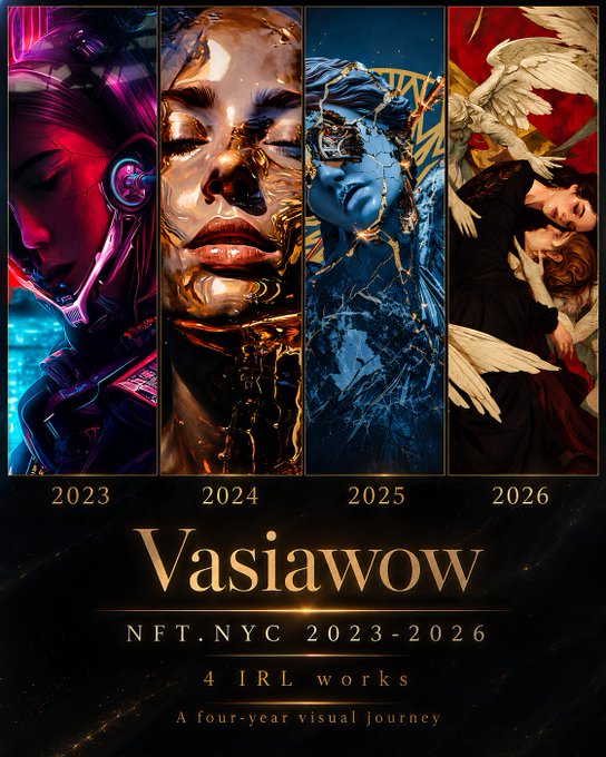 A promotional poster showcasing four vertical panels of digital artwork labeled "2023," "2024," "2025," and "2026" under the title "Vasiawow - NFT.NYC 2023-2026," featuring "4 IRL works" as "A four-year visual journey." The four distinct portraits—ranging from a neon-cyberpunk face to a golden sculptural visage, a shattered blue-toned figure, and a dark painting with white-winged angels—visually represent the artist's annual NFT.NYC contributions and personal artistic evolution referenced in the post.