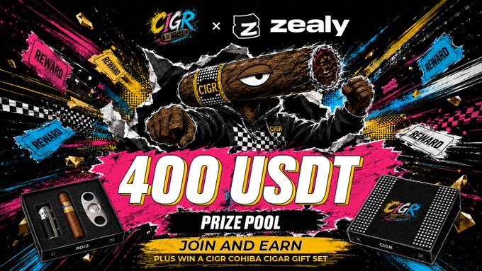 The image is a promotional banner for the **CIGR × Zealy** event, announcing a **400 USDT prize pool** along with the chance to win a **Cohiba cigar gift set**, featuring a muscular cigar mascot bursting through the design with reward tickets scattered around.