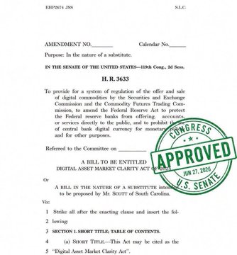 The image shows the first page of H.R. 3633, a U.S. Senate bill titled "Digital Asset Market Clarity Act," with a large green "Congressional Approved" stamp dated June 17, 2025, visually confirming the legislation's advancement discussed in the accompanying post about Senator Lummis's announcement.