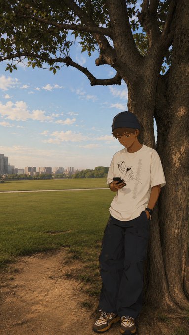 A person wearing a beanie, glasses, white t-shirt, and dark cargo pants leaning against a large tree while looking at their phone, with a cityscape and grassy field in the background.
