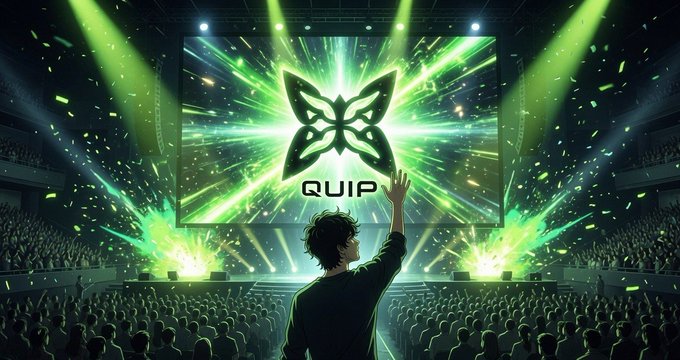 Concert scene illustration with a performer facing a massive crowd, raising their hand toward a glowing green butterfly logo displayed on a large screen with the text 'QUIP'.