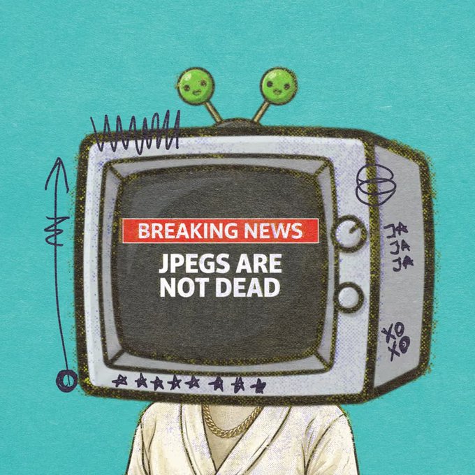 A stylized illustration shows a character with a television for a head displaying the text "BREAKING NEWS: JPEGS ARE NOT DEAD".