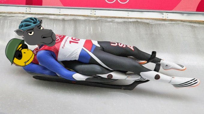 Two athletes compete in a luge race on an icy track, with cartoon donkey and duck emojis playfully edited over their heads.